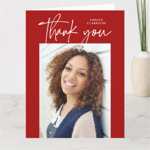 Carte De Remerciements Rouge Moderne Calligraphie Photo Graduation Plier