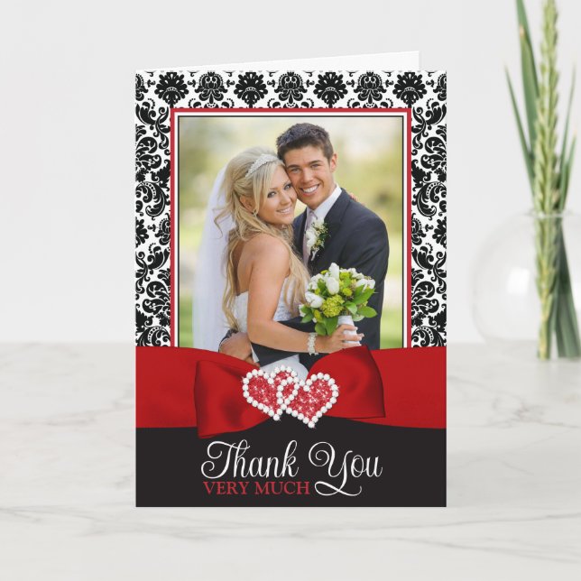 Carte De Remerciements Rouge, Noir, Blanc Damas Amour Coeurs Mariage (Devant)
