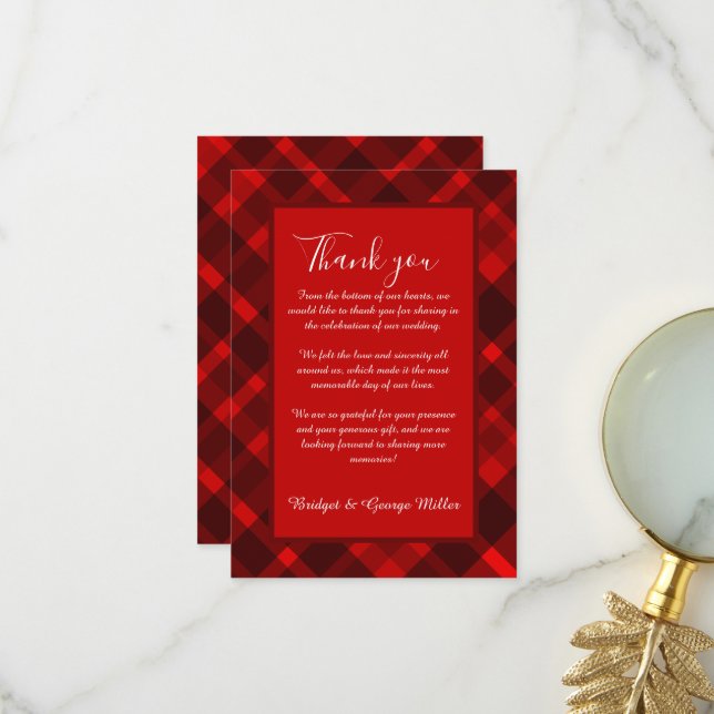 Carte De Remerciements rouge noir écossais celtique tartan mariage motif (Devant/Arrière en situation)