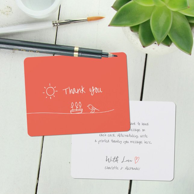 Carte De Remerciements Rouge Orange Minimaliste Fleurs Oiseau Dessin Sole (Red Orange Minimalist Flowers Bird Sun Drawing Thank You Card ©Susanne Sachers - Sunny Mind 🌞)
