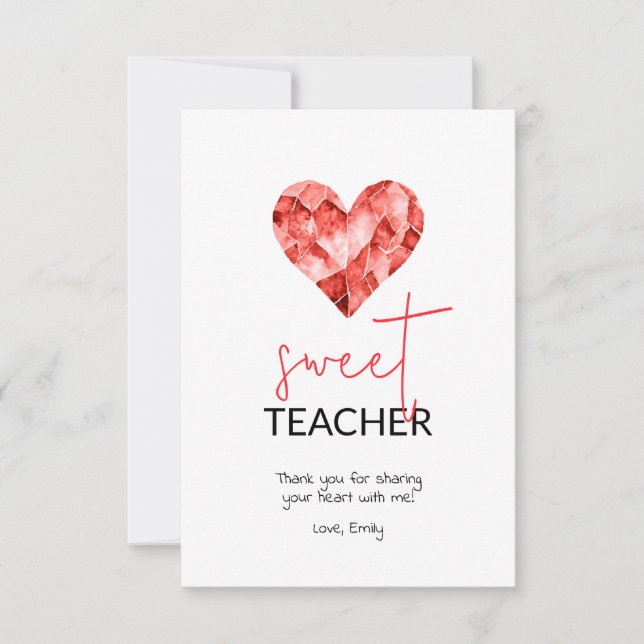 Carte De Remerciements Rouge Sweet Teacher Aquarelle diamant Coeur (Devant)