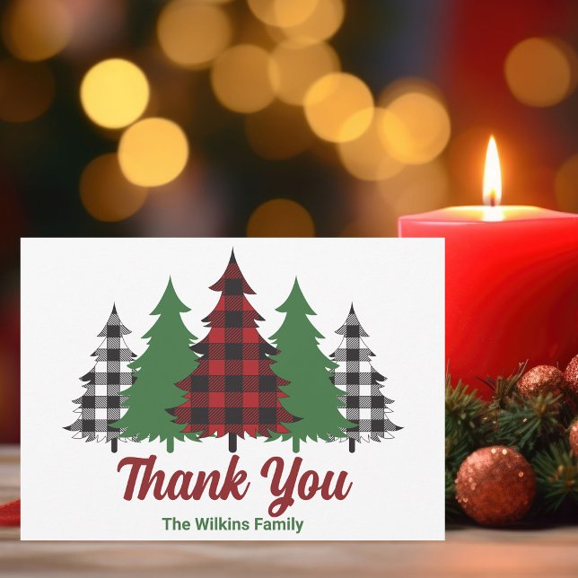 Carte De Remerciements Rouges Rustiques Plaid Joyeux Arbres de Noël Perso (Créateur téléchargé)
