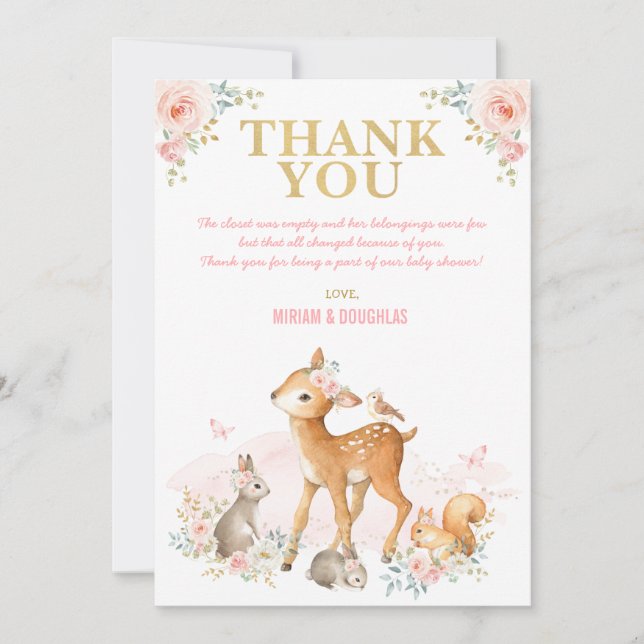 Carte De Remerciements Rougissent le bébé rose de forêt d'animaux de (Devant)