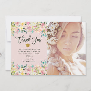 Carte De Remerciements Rougissent le rose et la photo florale ene ivoire