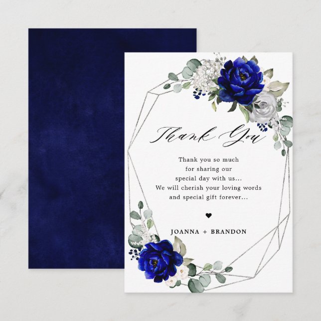 Carte De Remerciements Royal bleu argent blanc Mariage géométrique (Devant / Derrière)