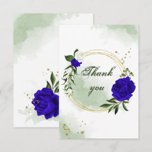 Carte De Remerciements royal bleu & blanc fleurs verdure or couronne