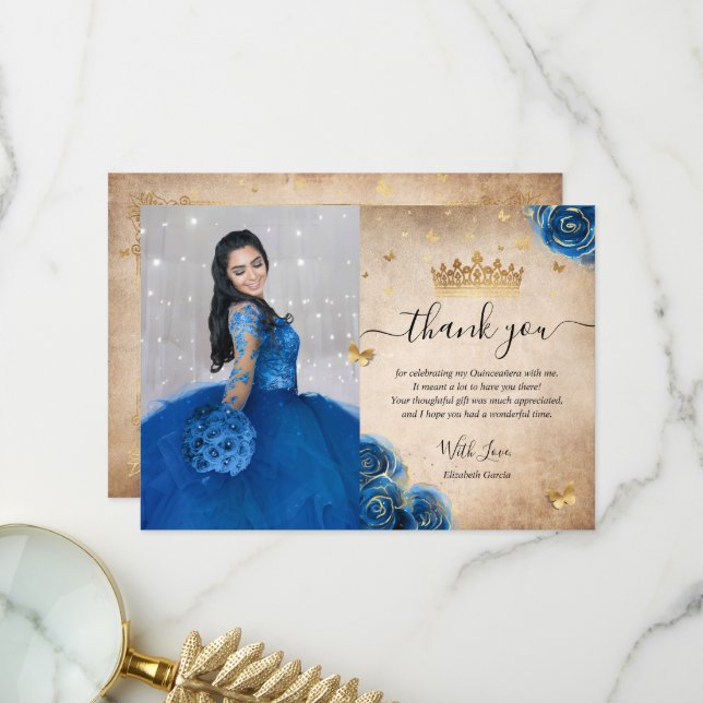 Carte De Remerciements Royal Blue and Gold Quinceañera Photo Anniversaire (Devant/Arrière en situation)