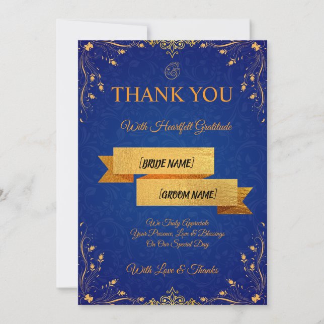 Carte De Remerciements Royal Blue and Gold Wedding Thank You Card (Devant)