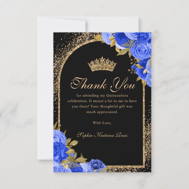 Carte De Remerciements Royal Blue Black Gold Parties scintillant Floral Q (Devant)