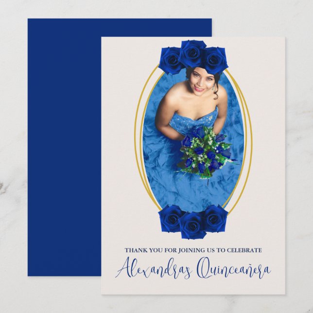 Carte De Remerciements Royal Blue et Gold Geometry Quinceañera (Devant / Derrière)