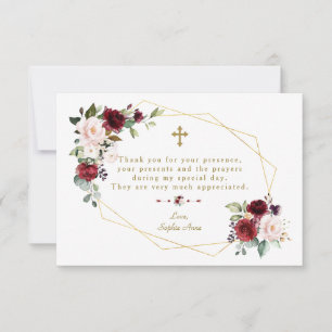 Carte De Remerciements Royal Bourgogne Fleurs Or Frame Croix Baptême