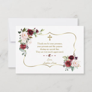 Carte De Remerciements Royal Bourgogne Floral Gold Frame Cross Baptism