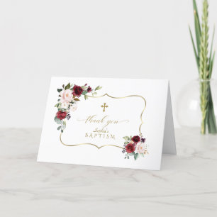 Carte De Remerciements Royal Bourgogne Floral Gold Frame Cross Baptism