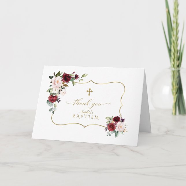 Carte De Remerciements Royal Bourgogne Floral Gold Frame Cross Baptism (Devant)