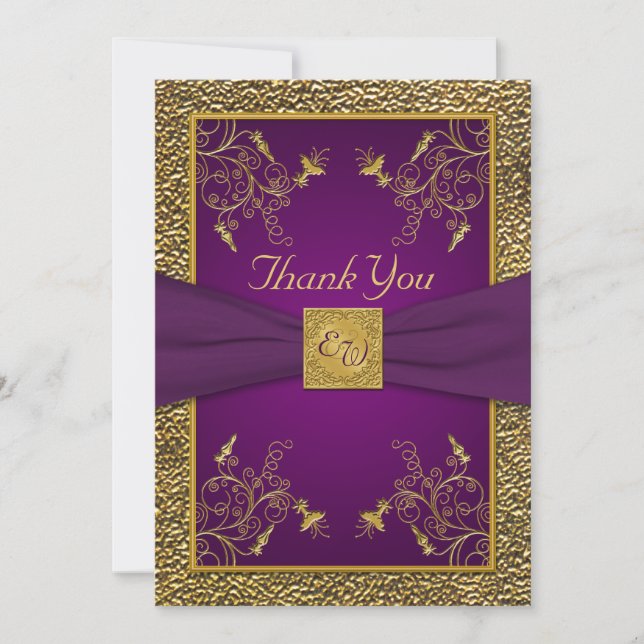 Carte de remerciements Royal Purple et Gold Monogr (Devant)