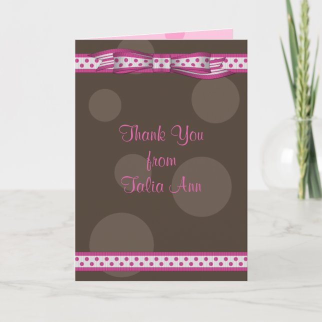 Carte De Remerciements Ruban à pois rose marron pour remerciement de Bat  (Devant)