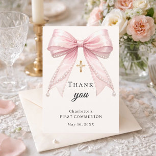 Carte De Remerciements Ruban de première communion rose perles ivoire cro