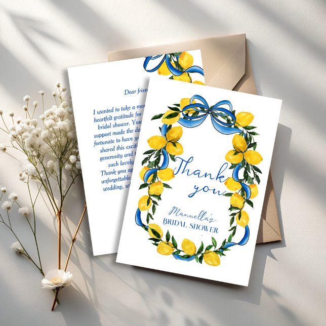 Carte De Remerciements Rubans de citrons bleus pour une baby shower itali (Lemons blue bow ribbon Italian bridal shower Thank You Cards retro bow and lemons thank you cards)
