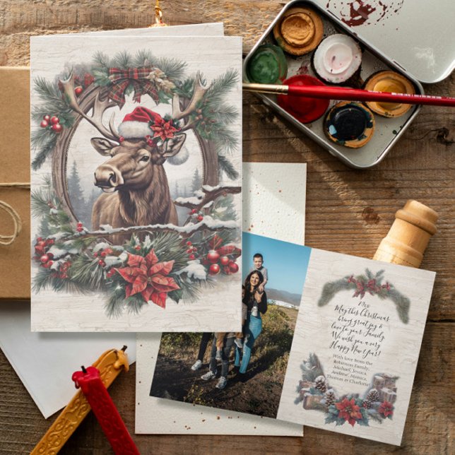 Carte De Remerciements Russe Noël Moose Pine Wreath Famille Photo (Créateur téléchargé)