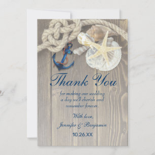Carte De Remerciements Rustic Beach Shell Navy Ancre Mariage nautique