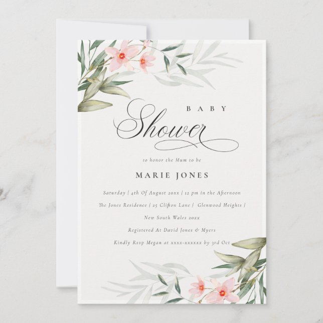 Carte De Remerciements Rustic Blush Greenery Floral Baby shower Invitatio (Devant)