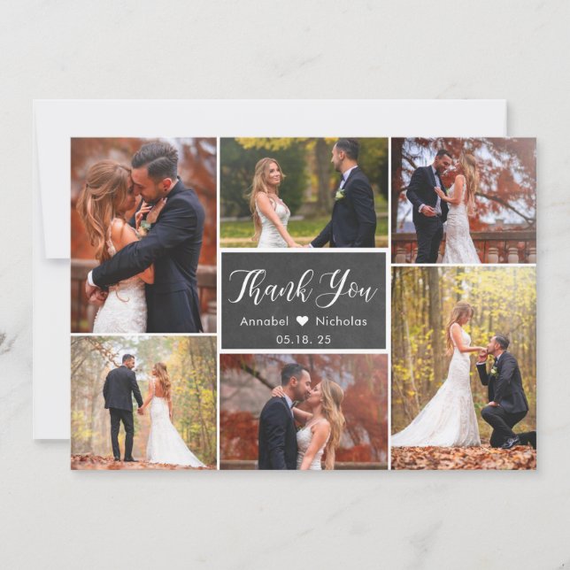 Carte De Remerciements Rustic Chalkboard Script 6 Photo Collage Mariage (Devant)
