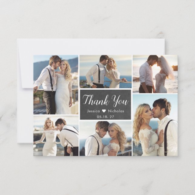 Carte De Remerciements Rustic Chalkboard Script 6 Photo Collage Mariage (Devant)