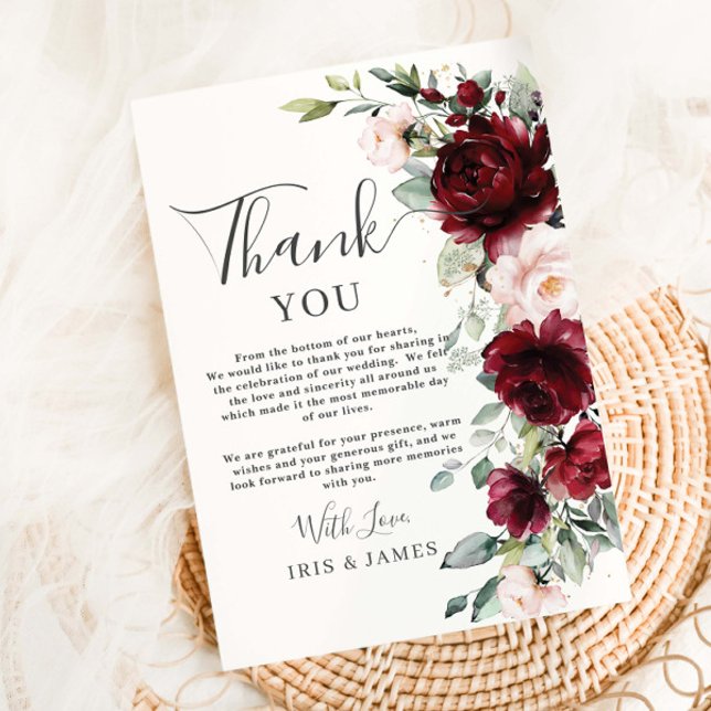 Carte De Remerciements Rustic Chic Burgundy Blush Pink Floral Wedding (Créateur téléchargé)
