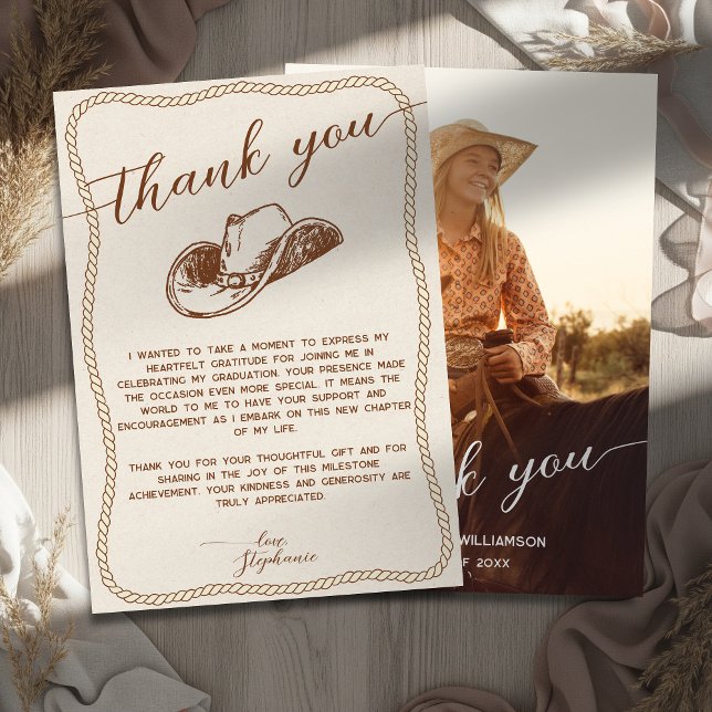 Carte De Remerciements  Rustic Cowboy Hat Photo Graduation Party Script (Créateur téléchargé)
