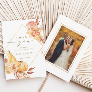 Carte De Remerciements Rustic Fall Floral Citrouille Mariage Photo Gold