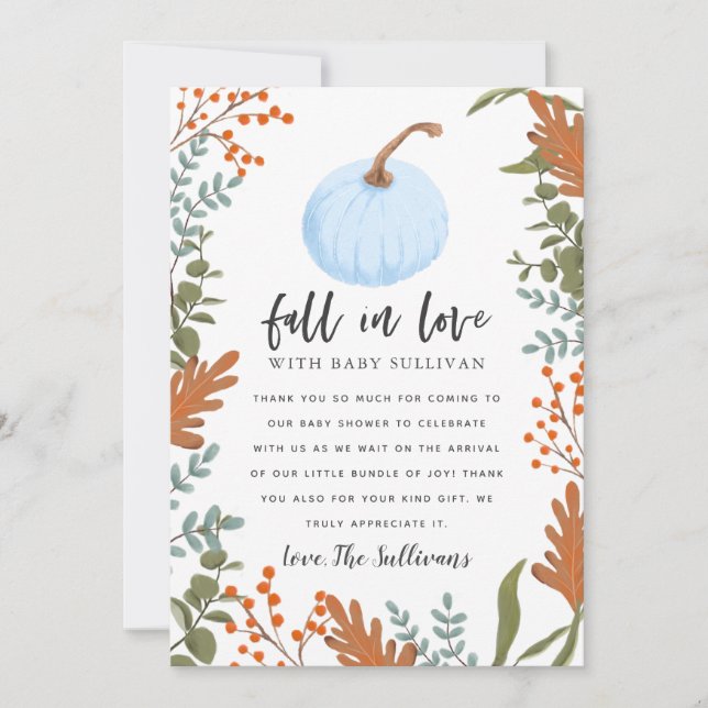 Carte De Remerciements Rustic Fall in Love Baby shower Citrouille bleu (Devant)