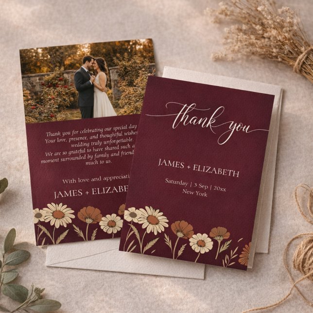 Carte De Remerciements Rustic Floral Burgundy Wedding (Créateur téléchargé)