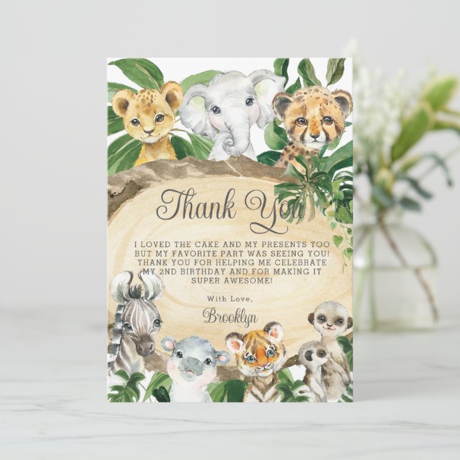 Carte De Remerciements Rustic Jungle Animaux Bois Verdure fête d'annivers (Debout devant)