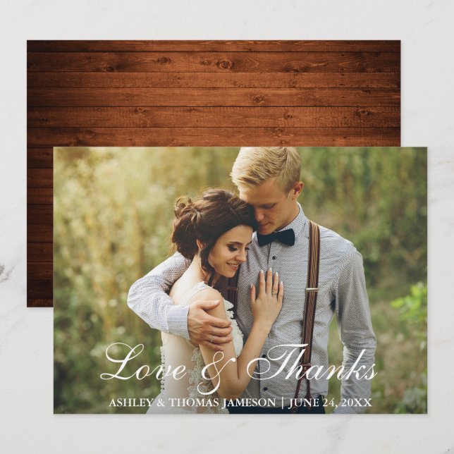 Carte De Remerciements Rustic Mariage Wood Back Photo Love and Thanks (Devant / Derrière)