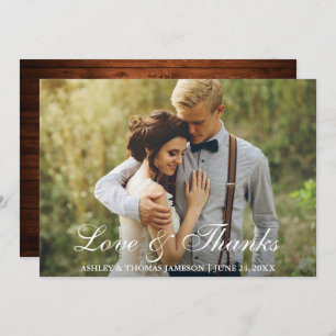 Carte De Remerciements Rustic Mariage Wood Back Photo Love and Thanks