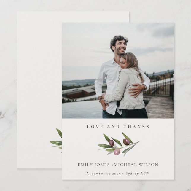 Carte De Remerciements Rustic Minimal Olive Branch Foliage Mariage Photo (Devant / Derrière)