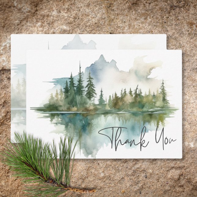 Carte De Remerciements Rustic Mountain Lake Scene Mariage d'aquarelle (Rustic Mountain Lake Scene Watercolor Wedding Thank You Card)
