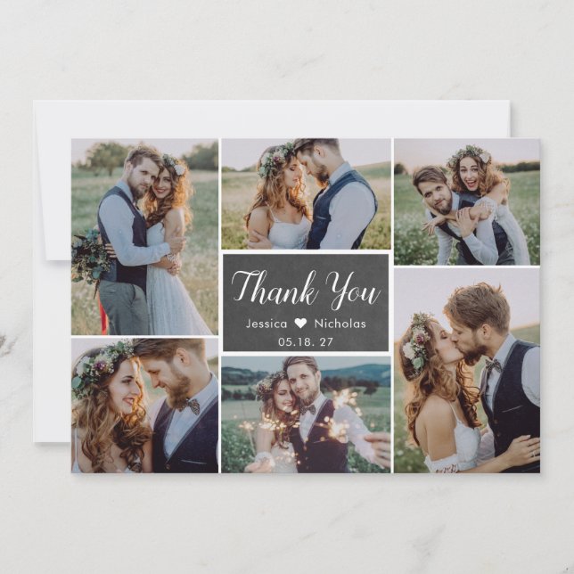 Carte De Remerciements Rustic Simple 6 Photo Collage Mariage de script (Devant)