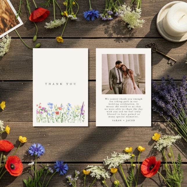 Carte De Remerciements Rustic Wildflower Meadow Wedding Photo (Rustic Wildflower Meadow Wedding Photo Thank You Card)