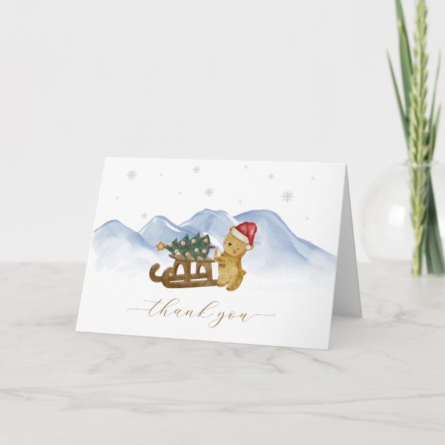 Carte De Remerciements Rustic Winter Mountain Sleigh Bear Baby Shower  (Devant)
