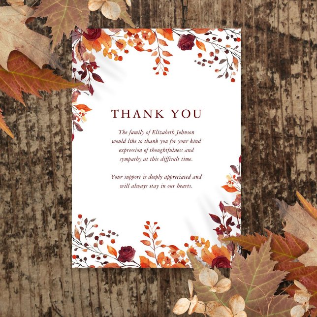Carte De Remerciements Rustique Automne Floral Célébration De La Vie Funé (Rustic Fall Floral Celebration Of Life Funeral Thank You Card)