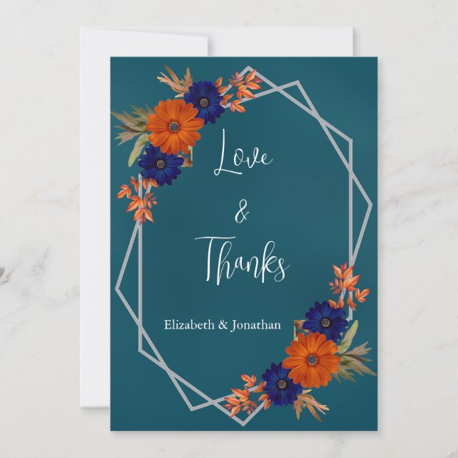 Carte De Remerciements Rustique Automne Orange Navy Bleu Floral Mariage (Devant)