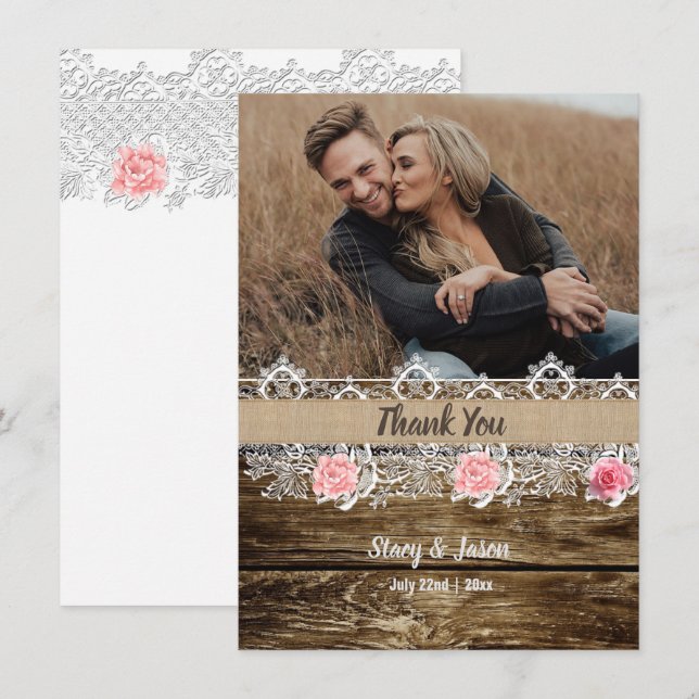 Carte De Remerciements Rustique Barnwood & Lace Mariage (Devant / Derrière)