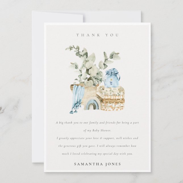 Carte De Remerciements Rustique Boho Blue Nursery Foliage Boy Baby shower (Devant)