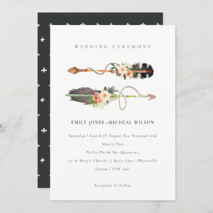 Carte De Remerciements Rustique Boho Feather Floral Flèche Mariage Invite