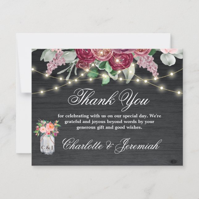 Carte De Remerciements Rustique Bourgogne Mason Jar String Mariage (Devant)