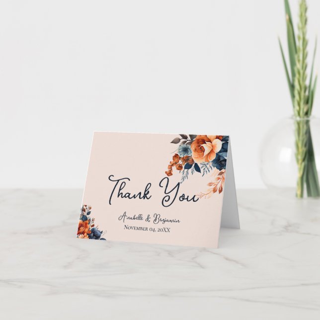 Carte De Remerciements Rustique Burnt Orange et Mariage bleu (Devant)
