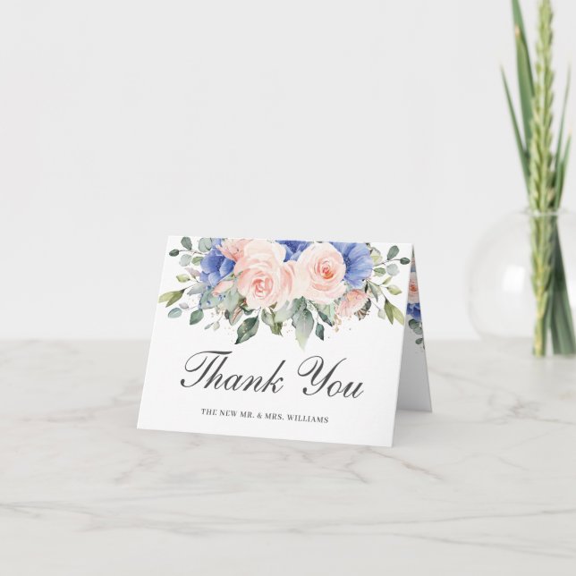Carte De Remerciements Rustique Chic Blush Blue Floral Rose Mariage nupti (Devant)