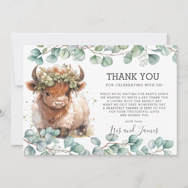 Carte De Remerciements Rustique Chic Greenery Highland Baby shower de vac (Devant)