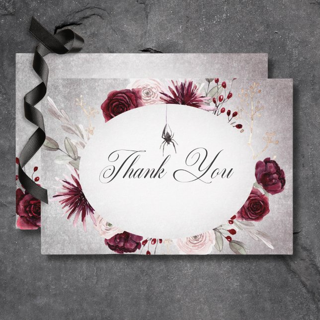 Carte De Remerciements Rustique gothique Noir & Bourgogne Mariage d'Hallo (Rustic Gothic Black & Burgundy Halloween Wedding Thank You Card)